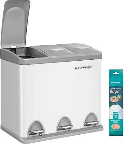 SONGMICS Cestino per Rifiuti da Cucina, Triplo in Acciaio, 3 x 8 L | Pattumiera Differenziata Piccolo Volume, Pedali e Secchi Interni, Bianco Opaco e Nero Inchiostro, Collezione ISLAND LTB24WT