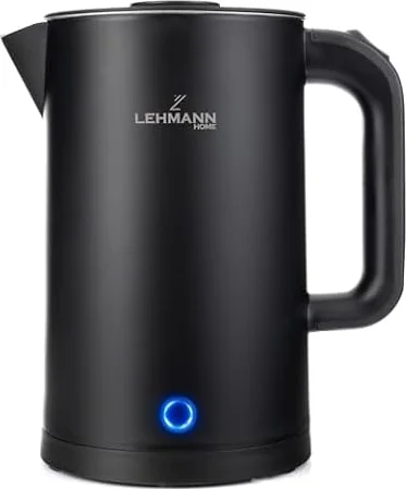 LEHMANN Bollitore Elettrico, 1,7L, 2200W, Riscaldamento Rapido, Design a Doppia Parete, Acciaio Inox, Base Girevole 360°, Spegnimento Automatico, BPA-free – per Tè, Caffè, Pappe, Nero