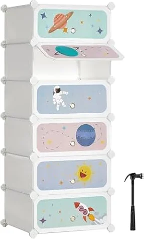 SONGMICS Scarpiera a 6 Scomparti per Bambini, Organizzatore Modulare ad Incastro in Plastica per Bambini, Guardaroba con Ante, 31 x 43 x 105 cm, Bianco Nuvola LPC904W01
