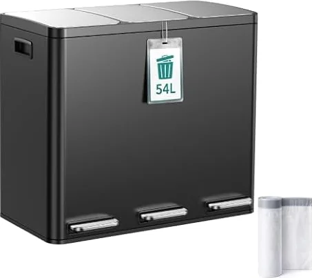 YEAUPE PRO Pattumiera Differenziata Cucina 54L (3x18L) Acciaio Inox,Nero | Bidone Raccolta Rifiuti con Pedale, Scomparti con Secchi Rimovibili, Soft Close Silenzioso, Cestino umido Casa 15 Sacchetti