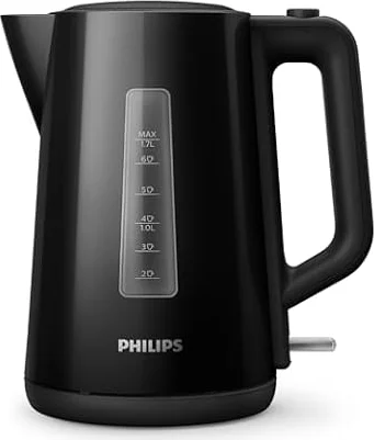 Philips Bollitore Elettrico 3000, 1,7 L, Ebollizione rapida, Nero | Bollitore acqua elettrico con base girevole 360°, indicatore tazze, protezione anti-secco, coperchio a pulsante (HD9318/20)