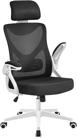 Yaheetech Sedia da Ufficio Ergonomica Poltrona Supporto Lombare Bianca/Nera | Poggiatesta Braccioli Regolabile Schienale Alto Funzione Dondolo Route Girevole in Rete Traspirante Capacità 150 kg