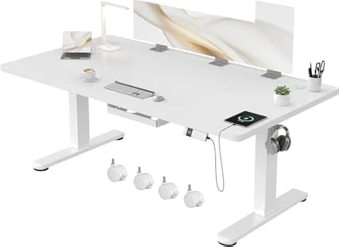 Devoko Scrivania Regolabile in Altezza 160x80 cm Bianco Ufficio con Ruote | Gestione cavi e Type-C, 4 livelli memoria, anticollisione, Regolazione fluida, silenziosa, ergonomica per ufficio e casa.