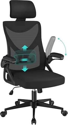 Yaheetech Sedia da Ufficio Ergonomica Poltrona con Supporto Lombare Nera | Poggiatesta Braccioli Regolabile Schienale Alto Funzione Dondolo Route Girevole in Rete Traspirante Capacità 150 kg