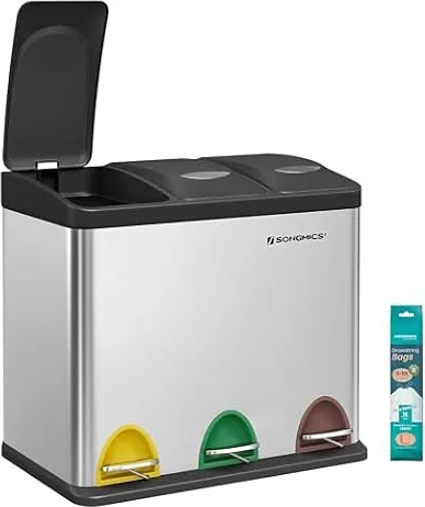 SONGMICS Cestino per Rifiuti da Cucina, Triplo in Acciaio, 3 x 8 L | Pattumiera Differenziata Piccolo Volume, Pedali e Secchi Interni, Argento e Nero Inchiostro, Collezione ISLAND LTB24L
