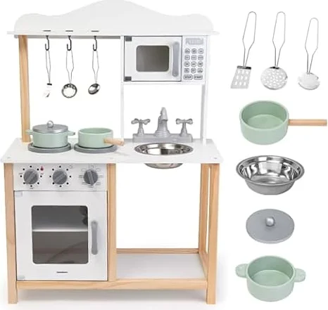 Mamabrum Cucina Giocattolo per Bambini in Legno - Cucina Completa con Forno, Microonde e Lavello - Set Montessori con Accessori e Suoni Meccanici per Bimbi da 3 Anni