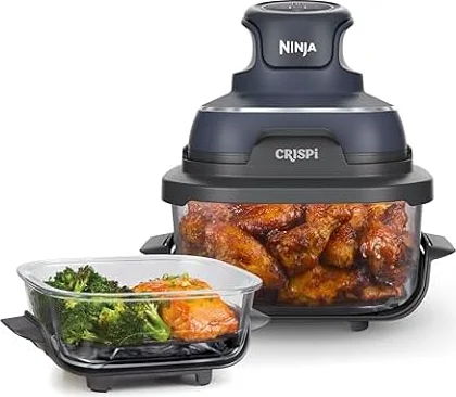 Ninja CRISPi, Friggitrice ad Aria in Vetro Compatta, 4 Funzioni, Blu | 3,8 L, Senza Olio, 2 Contenitori, Piastre, Coperchi, Accessori Lavabili in Lavastoviglie, Ricette Versatili, FN101EUGY