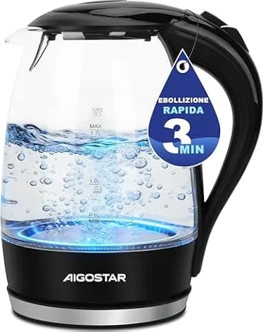 Aigostar Adam - Bollitore Acqua Elettrico in Vetro Borosilicato con LED, 1,7 litri, 2200W, Spegnimento Automatico, Filtro Anticalcare, Base di rotazione a 360° in Acciaio Inox, Teiera Senza BPA Nero