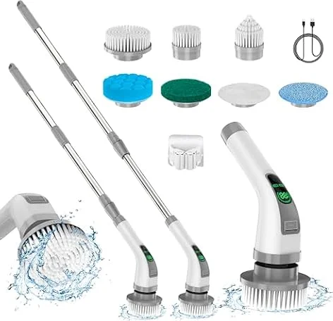 Spazzola elettrica rotante, spazzola elettrica per la pulizia 7 in 1 2025 Upgrade, potente pulizia a 360 giri/min, spazzola per il bagno da 1,5 ore a doppia velocità con braccio di prolunga per cucina