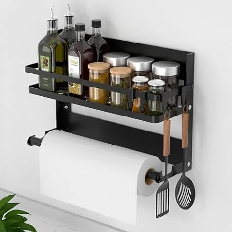 DUNSOO Porta Spezie per Frigorifero e Cucina, Scaffale Portaspezie con Porta Rotolo e 4 Gancio, Mensola Salvaspazio per Corridoio, Bagno o Cucina, Forte e Bello, Pratico (Nero)