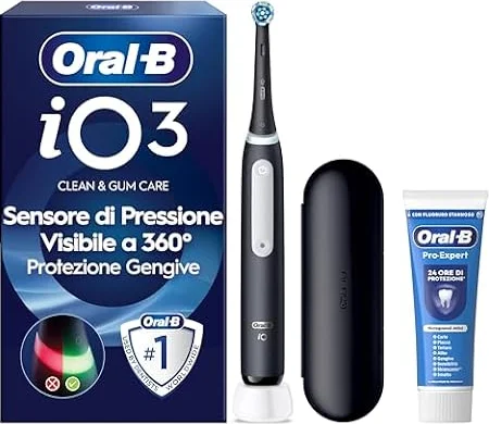 Oral-B iO 3 Spazzolino Elettrico, con 1 Testina di Ricambio, Nero | 1 Testine di Ricambio per Spazzolino Elettrico Ricaricabile, Custodia da Viaggio + 1 Dentifricio Pro Expert, Pulizia Denti
