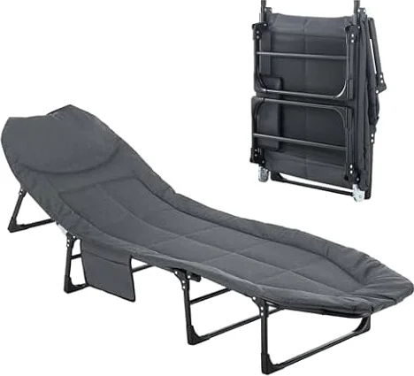 Shally Dogan Lettino Brandina da Campeggio Richiudibile con Tasca Laterale Portaoggetti Portatutto, Letto Pieghevole Salvaspazio con Chiusura Slim, Cuscino Rialzato e Porta Oggetti da Esterni Giardino