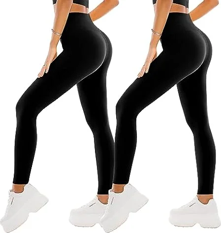 SINOPHANT 2 Confezione Leggins Sportivi Donna a Vita Alta, Pantaloni Yoga Controllo della Pancia Opaco Elastici Leggings,L-XL,Nero/Nero
