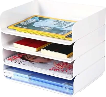 HKeeper Vassoi di carta impilabili,Porta lettere, Vassoi corrispondenza e supporti, vassoio per accessori da scrivania,supporto per carta A4,forniture,ricevute(Confezione da 4,Bianco)