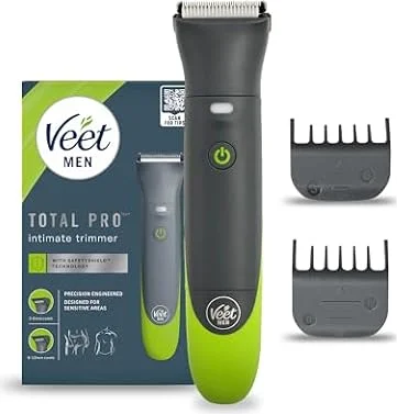 Veet Men Intimate Trimmer TOTAL PRO, Rasoio elettrico uomo corpo e parti intime, 1 testina per zona intima e corpo e 2 pettini guida, Rifinitura precisa, Cordless