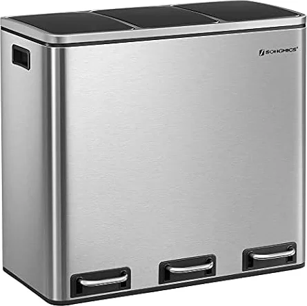SONGMICS Cestino da Cucina, 3 x 18 L, 3 Scomparti, Acciaio | Pattumiera per Raccolta Differenziata, Coperchi a Chiusura Morbida, Pedali, Collezione ISLAND LTB54NL
