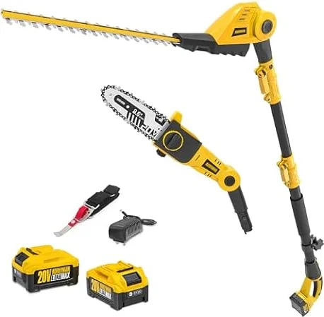 Alloyman 2-in-1 Tagliasiepi e Potatore Telescopico a Batteria 20V MAX, con 2 Batterie da 4,0Ah e Caricabatterie, Asta Telescopica da 2,4 m per la Potatura di Siepi e Arbusti