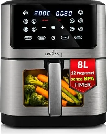 LEHMANN Friggitrice ad Aria XXL 8L con Divisorio Rimovibile, Air Fryer Doppia Zona Flessibile, 1800 W, Finestra, 12 Programmi & 76–200°C, Timer 1-60min, Rivestimento Antiaderente, Display Touch