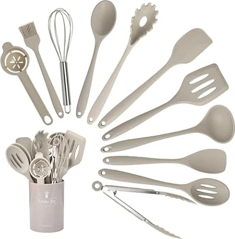 VINATO 12 Pezzi Set di Utensili da Cucina, Utensili in Silicone | Set Utensili Cucina con Secchio Porta Utensili, Resistente al Calore, Lavabile in Lavastoviglie, Cachi