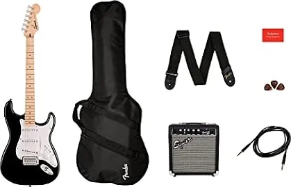 Fender Squier Sonic Stratocaster Kit Chitarra Elettrica Principianti, Nero | Kit per chitarristi principianti con amplificatore, custodia morbida, cavo, tracolla, lezioni virtuali gratuite
