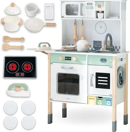 Mamabrum Cucina Interattiva in Legno – Montessori 3+ – Suoni & Luci, Altezza Regolabile, Forno, Microonde, Lavastoviglie e Lavatrice, Set Completo