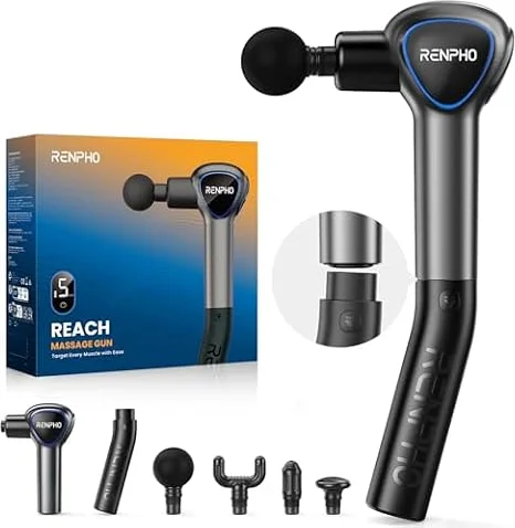 RENPHO Reach Pistola Massaggio Muscolare con Manico Staccabile, Nero | Pistola Massaggio Muscolare con display LED touch, 5 velocità, 4 testine, 2800 giri/min per zone difficili