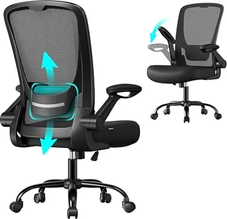 SONGMICS Sedia da Ufficio, Sedia da Computer Ergonomica, con Poggiatesta | Sedia Girevole, Sedia di Rete, Supporto Lombare, Braccioli Pieghevoli, Oscillante, Nero Inchiostro, COLLEZIONE KIME OBN37BK