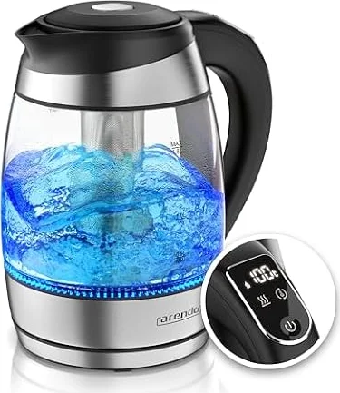 Arendo - Bollitore in vetro da 1,8 litri con filtro per il tè, 2200 Watt, In acciaio inossidabile, Intervallo di temperatura da 40 °C a 100 °C, Funzione di mantenimento in caldo, Illuminazione LED
