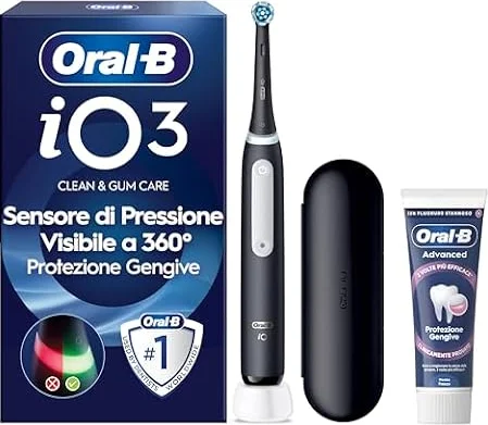 Oral-B iO 3 Spazzolino Elettrico, 1 Testina, Custodia, Dentifricio, Nero | 1 Testine di Ricambio per Spazzolino Elettrico, Ricaricabile, Custodia da Viaggio + 1 Dentifricio Advanced Protezione Gengive