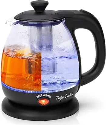 Taylor Swoden Bollitore Elettrico in Vetro 1L 2200W con Infusore Rimovibile | Luce LED, Mantenimento Caldo, Filtro Rimovibile, Vetro Borosilicato, senza BPA