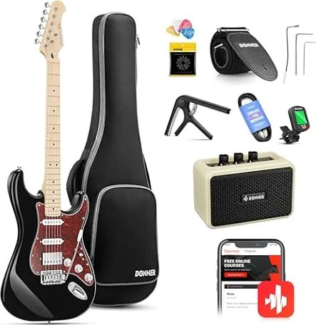 Donner - Set con chitarra elettrica, DST-152B, HSS Pickup Coil Split, 1 metro, con amplificatore, custodia, capotasto, tracolla, accordatore, corde, cavo, plettri, nero