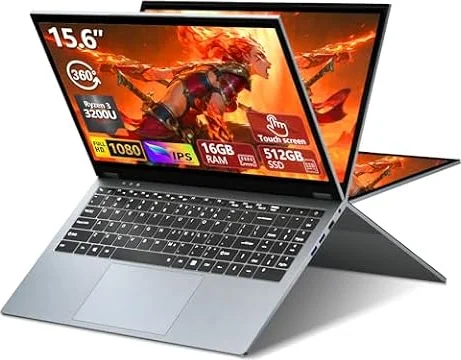Computer portatile 2 in 1, laptop convertibile da 15,6 pollici, 16 GB DDR4 RAM 512 GB SSD Touchscreen, CPU Ryzen R3 3200U, grafica Radeon, FHD 1920x1080, touch screen rotante a 360°, WiFi 5
