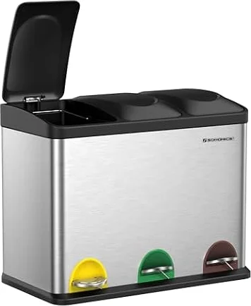 SONGMICS Cestino da Cucina, Pattumiera Tripla a Pedale, 45 Litri, Acciaio | Pattumiera per Riciclaggio, per Raccolta Differenziata, 3 x 15L, con Coperchio, Argento e Nero, Collezione ISLAND LTB45L
