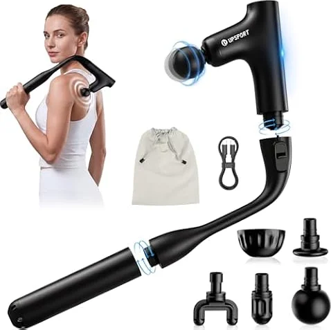 UPSPORT 50cm Pistola Massaggio Schiena, Massaggiatore Elettrico Portatile | Auto-Massaggio per Schiena, Collo e Gambe, Percussione Turbo, Forza 7 kg, 4 Testine, Recupero Muscolare, Silenzioso, USB-C