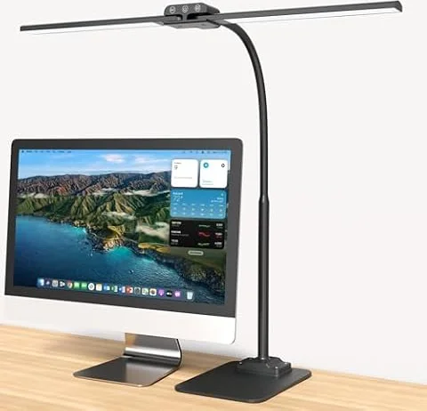 EppieBasic Lampada da Scrivania LED Doppia Testa con Base per Ufficio | Lampada da tavolo regolabile con luce dimmerabile, protezione occhi per monitor PC, illuminazione per studio e casa Nero