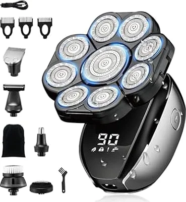 Rasoio elettrico da uomo, rasoio rotante 9D con testa flessibile e display a LED, impermeabile, ricaricabile tramite USB, 90 minuti di durata, kit 6 in 1 per uomini calvi, nero