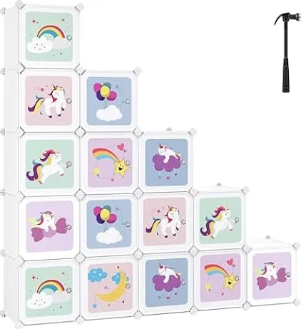 SONGMICS Armadio Cameretta, Guardaroba Modulare a 16 Cubi con Ante, Libreria Bambini, Scaffale Porta Giochi in Plastica, Mobile Porta Giocattoli, Scarpiera, 123 x 31 x 123 cm, Bianco LPC906W01