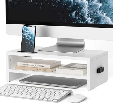 BONTEC Supporto per Monitor in Legno da Scrivania per Smartphone e Gestione dei Cavi, Ergonomico, per Laptop, Computer, 2 Livelli,bianco