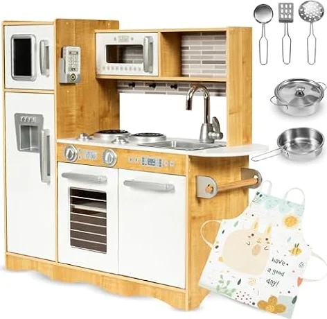 Mamabrum Cucina Giocattolo per Bambini in Legno con Luci LED - Cucina Educativa con Forno, Microonde e Accessori - Set da Gioco con Piano Cottura, Frigorifero e Utensili - 93x30x82cm - Naturale
