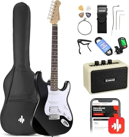 Donner Kit Chitarra Elettrica 39" HSS per Principianti Nero | Pickup HSS, amplificatore, lezioni online, borsa, tracolla, capotasto, corde, accordatore, cavo e plettri inclusi