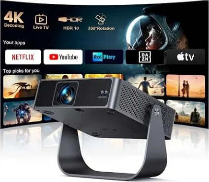 Proiettore Portatile【Smart TV & 1000+ Canali Live】Mini Proiettore 4K Smart TV Compatibile con Netflix, Rotazione 330°, Auto Focus WiFi Bluetooth, 1080P Nativo, Videoproiettore soffitto casa/campeggio