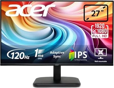 Acer EK271Gbif Monitor PC 27", Display IPS Full HD, 120 Hz, 1ms (VRB), 16:9, AdaptiveSync, VGA, HDMI 1.4, Lum 250 nits, Schermo PC con Contrasto 100M:1, ZeroFrame, Cavo HDMI Incluso, Nero