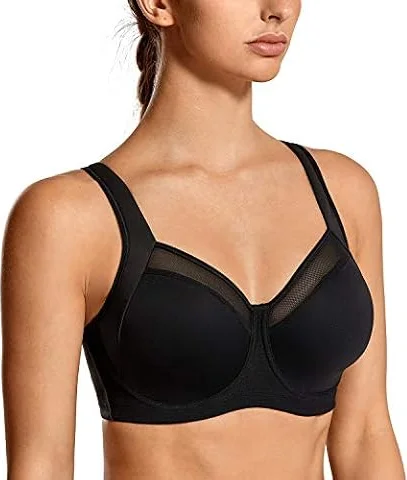 SYROKAN Reggiseno Sportivo Sostegno Forte Racerback Nero 4D | con Ferretto, Senza Imbottitura, Fitness