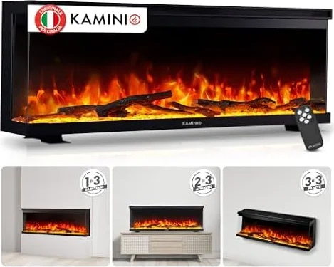 KAMINIO® Lea PRO 50 Camino elettrico da incasso, parete o appoggio | 3 in 1 caminetto elettrico decorativo, vista panoramica, termocamino con effetto fuoco LED in 12 colori e telecomando, nero