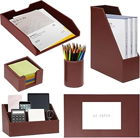 XNONE Set Scrivania Ufficio Pelle Pu,Organizzatori da Scrivania 6 Pezzi,Incluso Blocco Scrittoio,Vassoio di Carta,Porta Riviste,Portapenne,Porta Note,Ordinatore di Lettere,Personale e Regalo,Marrone