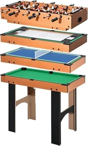 HOMCOM Mini Tavolo Multigioco 4 in 1 MDF 92x78x80cm Legno Naturale e Nero | Calcio Balilla, Biliardo, Ping Pong, Hockey da Tavolo, Tavolo da Gioco con Accessori
