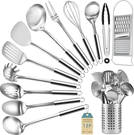 Pleafind Utensili Cucina Acciaio Inox - resistente al calore, 13 Pezzi Utensili da Cucina, Set Mestoli Cucina con Portautensili, Mestoli, Spatola, ecc., lavabile in lavastoviglie
