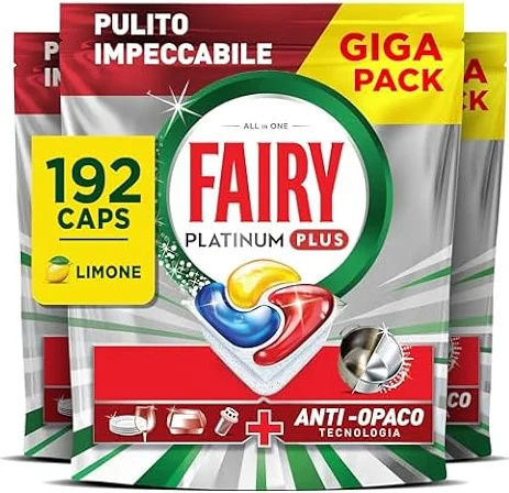 Fairy Platinum Plus Pastiglie Lavastoviglie Tutto in Uno, 192 Caps, Limone | Detersivo in Capsule, Stoviglie Brillanti, Rimuovi Grasso, Efficace nei Cicli Brevi al Primo Lavaggio, Anti-Opaco, Giga Pack