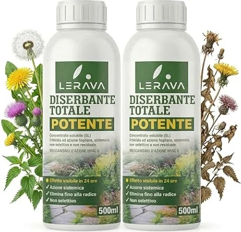 LERAVA® Diserbante Totale Potente (2x500 ml) - Glifosato erbicida contro erbacce - Diserbo totale foglie e radici - Seccatutto potente per infestanti in giardino