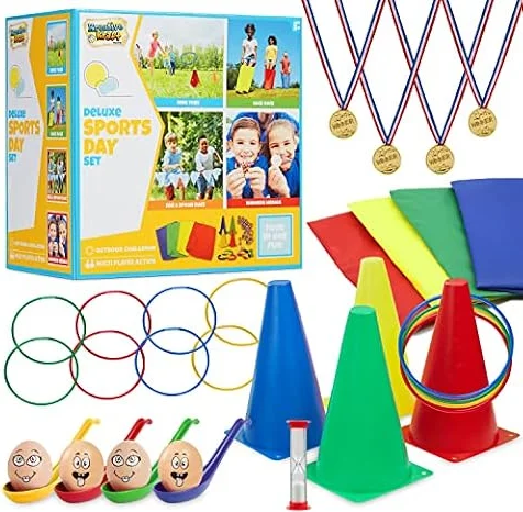 KreativeKraft Giochi da Esterno per Bambini Giardino Giochi per Feste Bambini Adulti Gioco Cucchiaio e Uovo Corsa Sacchi Lancio Degli Anelli (Kit Sportivo Giornaliero di Lusso)